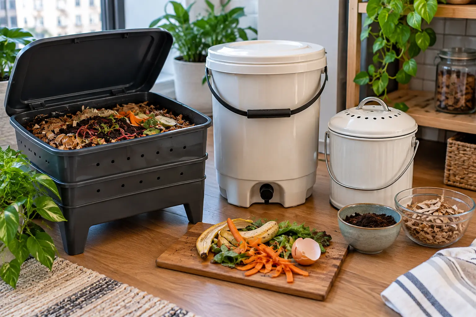 Different apartment composting methods including a worm bin, bokashi bucket, and food scrap container