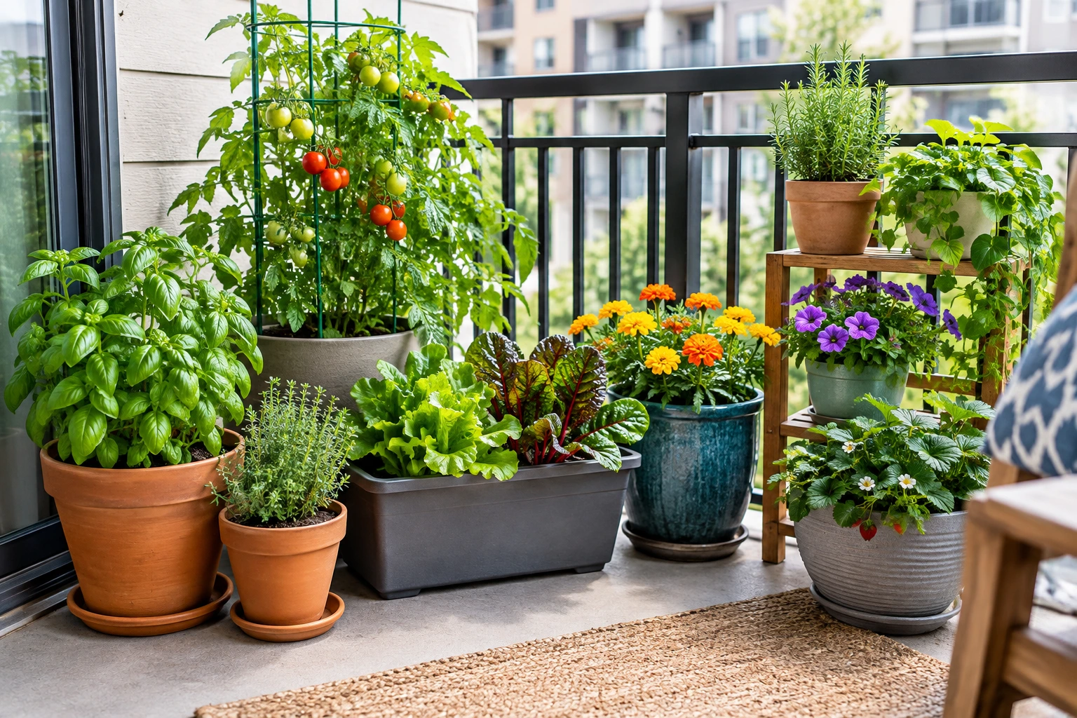 Apartment container garden with potted herbs, vegetables, and flowers in a small balcony space.