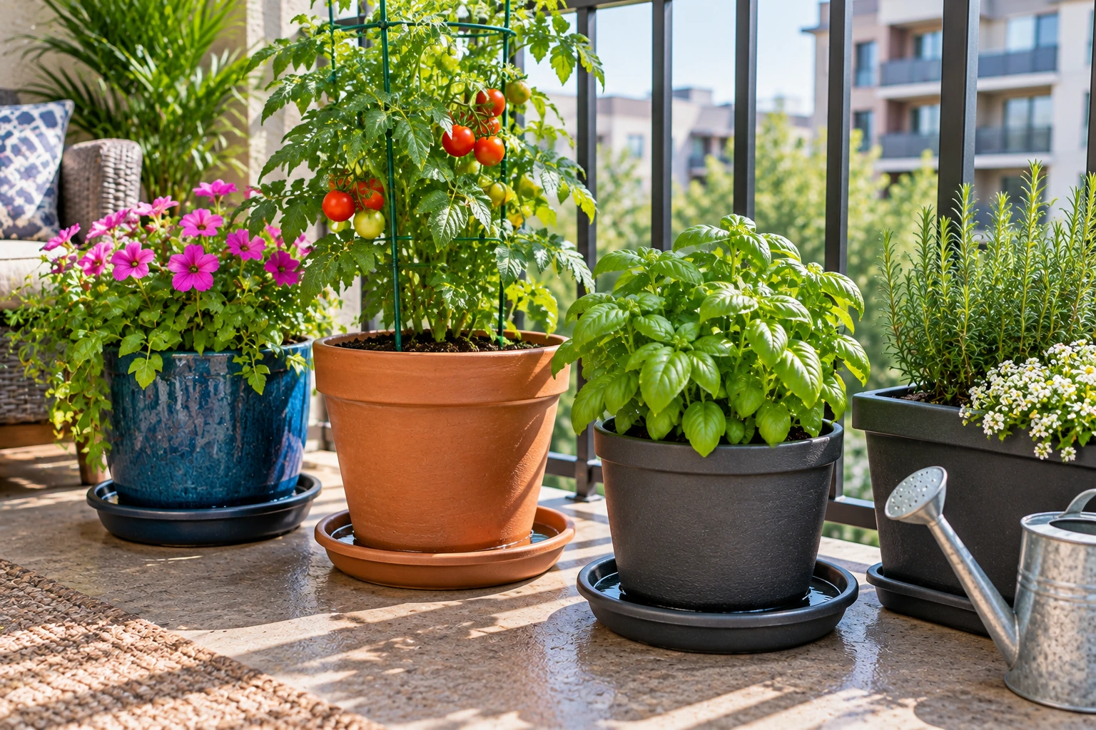 Potted apartment plants draining into saucers that protect a balcony floor from water runoff.