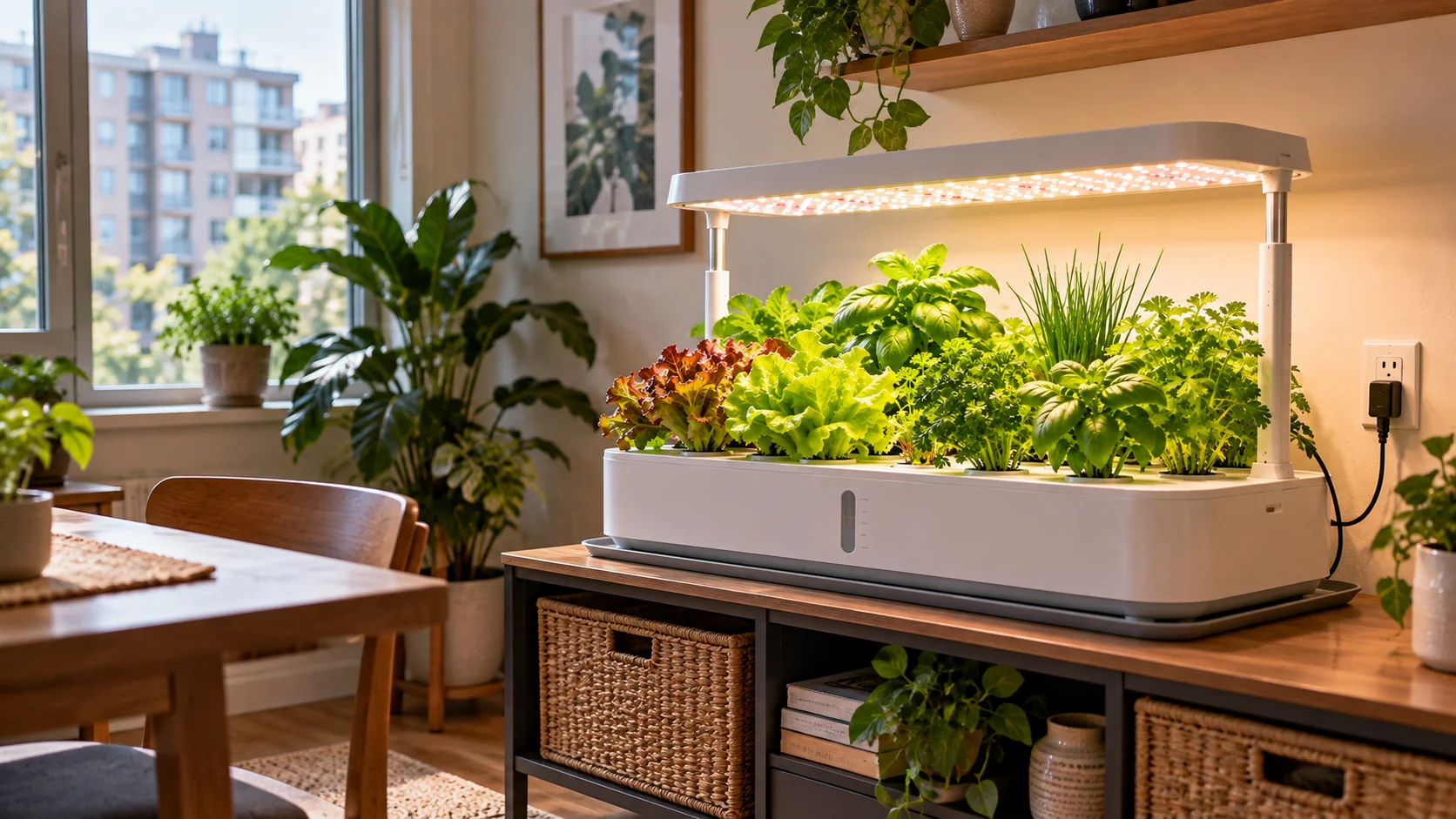 Indoor hydroponic garden on a protected apartment stand with space for plants and light adjustment