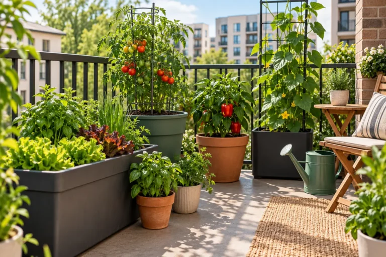 Apartment vegetable gardening with vegetables growing in containers on a small apartment patio