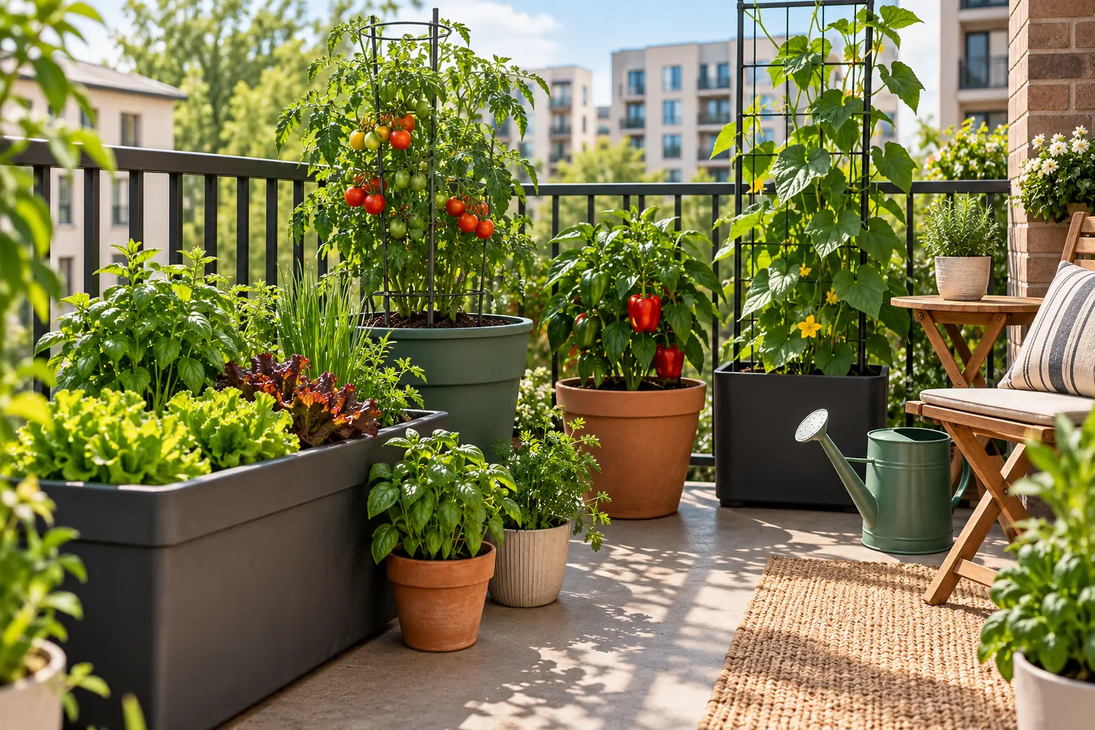 Apartment vegetable gardening with vegetables growing in containers on a small apartment patio