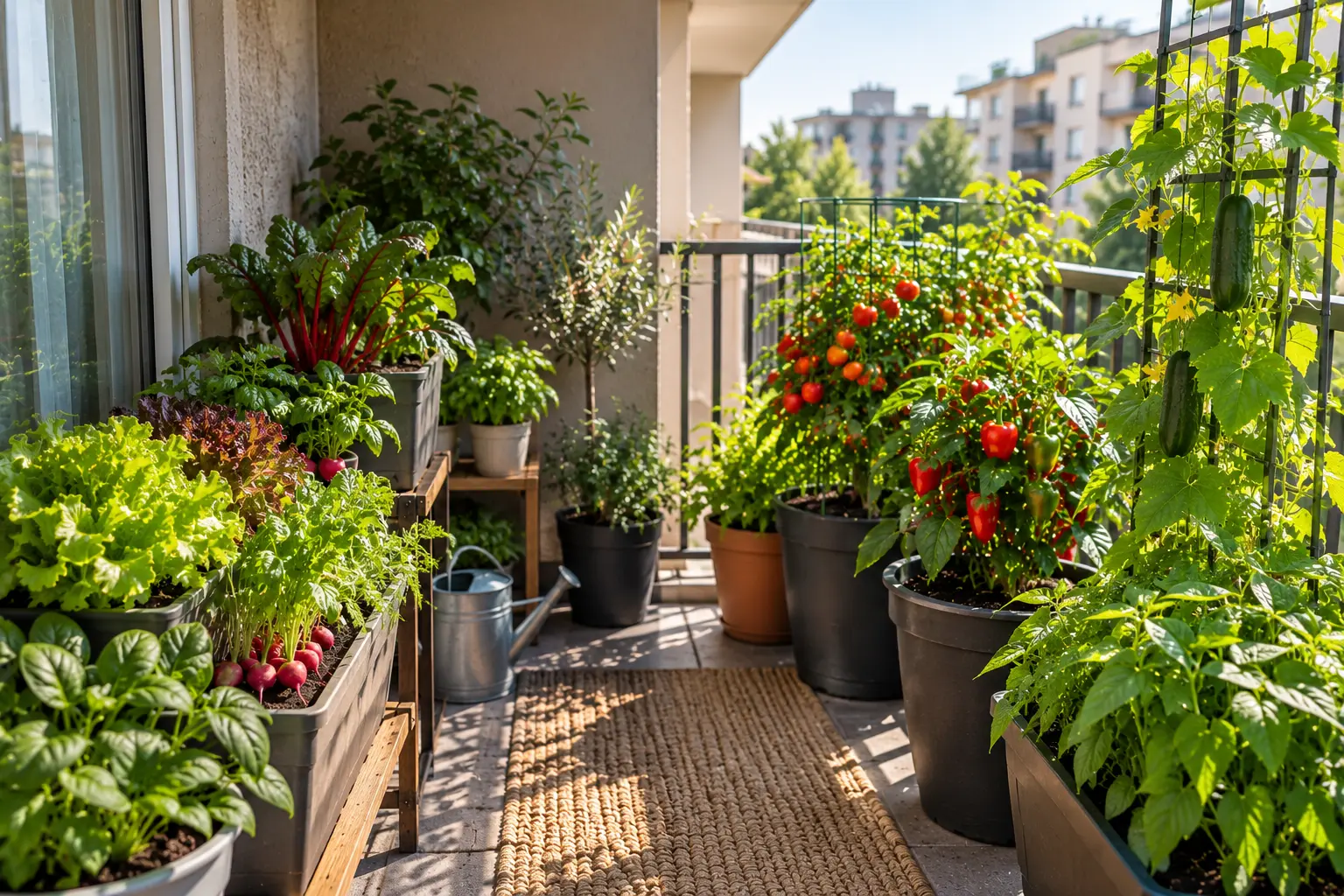 Apartment vegetables in containers arranged by sunlight needs