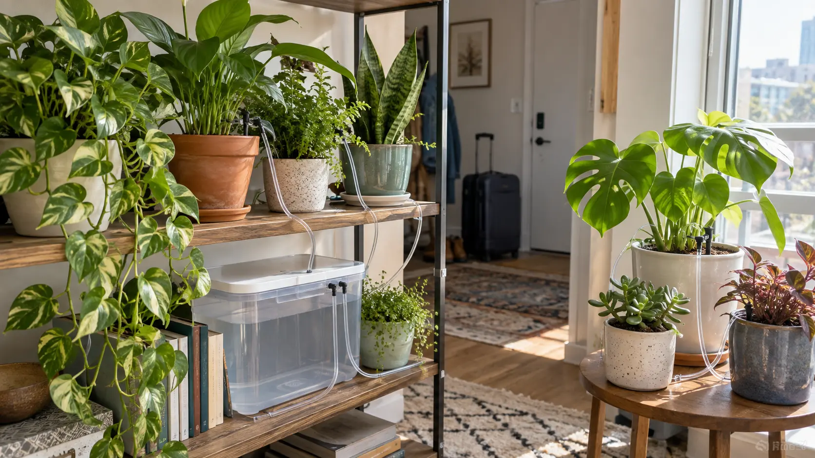 Automatic plant watering system connected to several indoor potted plants