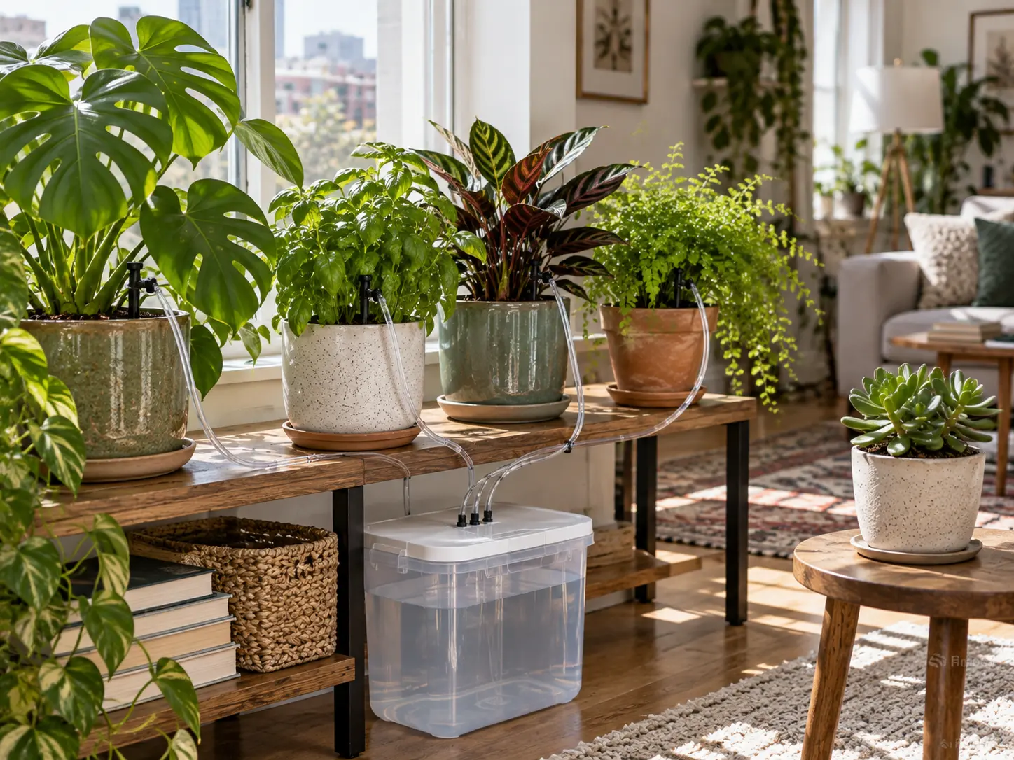 Houseplants with different moisture needs arranged around an automatic watering setup
