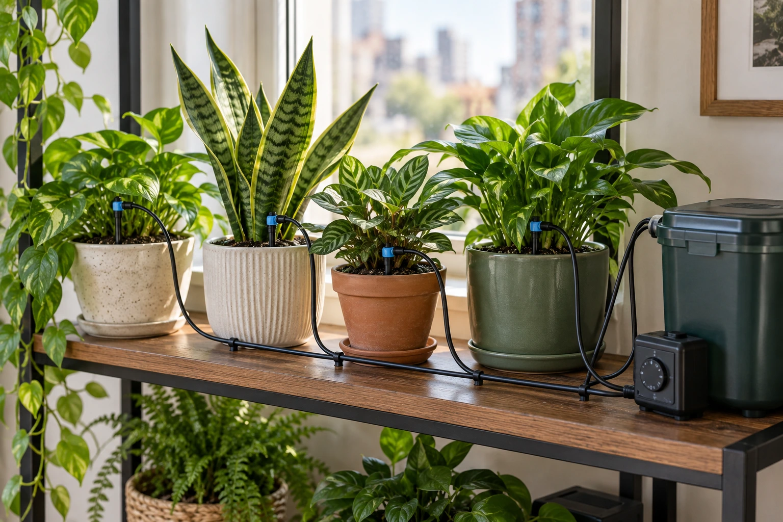 Automatic drip watering system connected to several indoor container plants