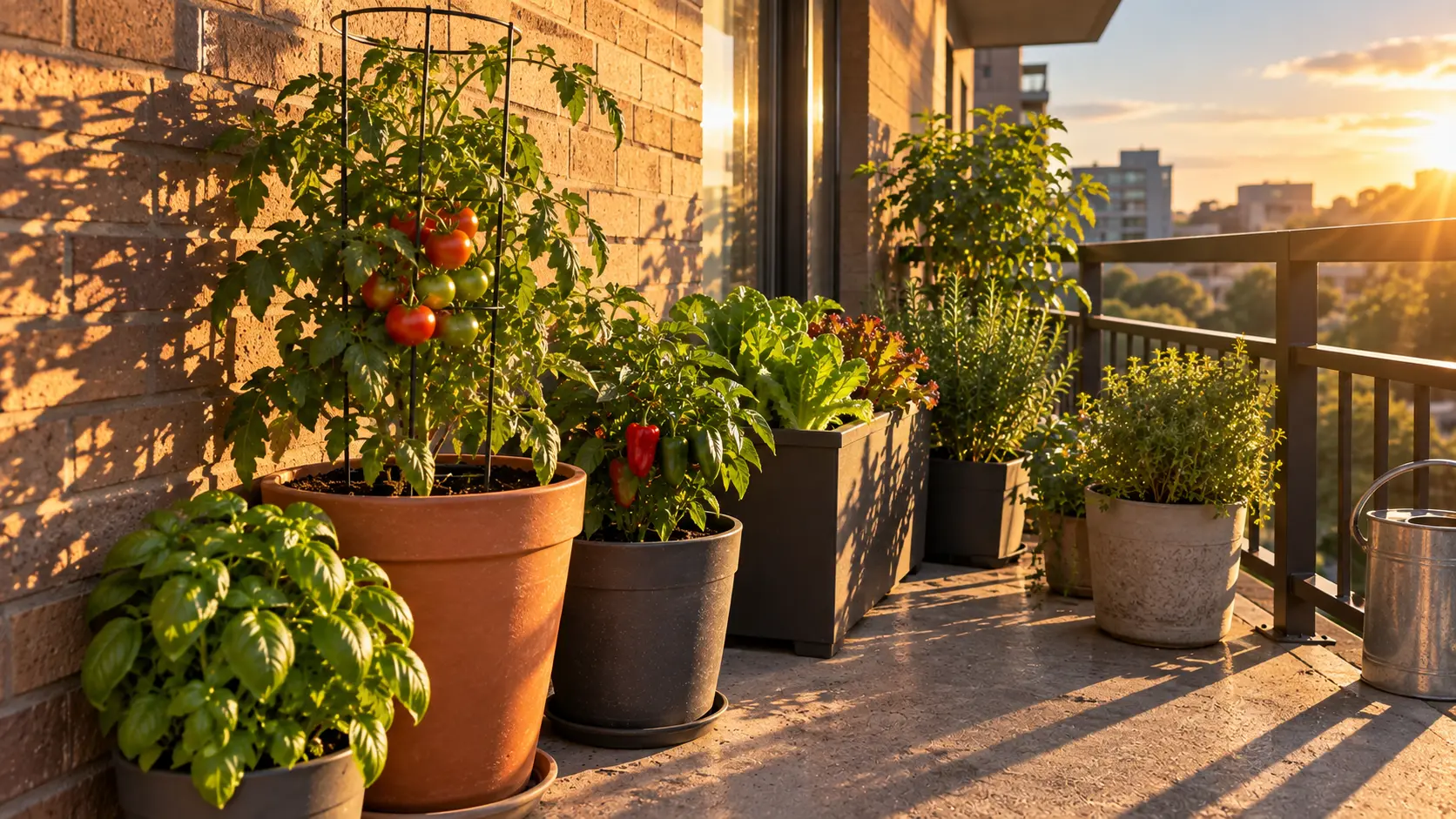 Container plants exposed to strong afternoon sun and reflected heat on an apartment balcony