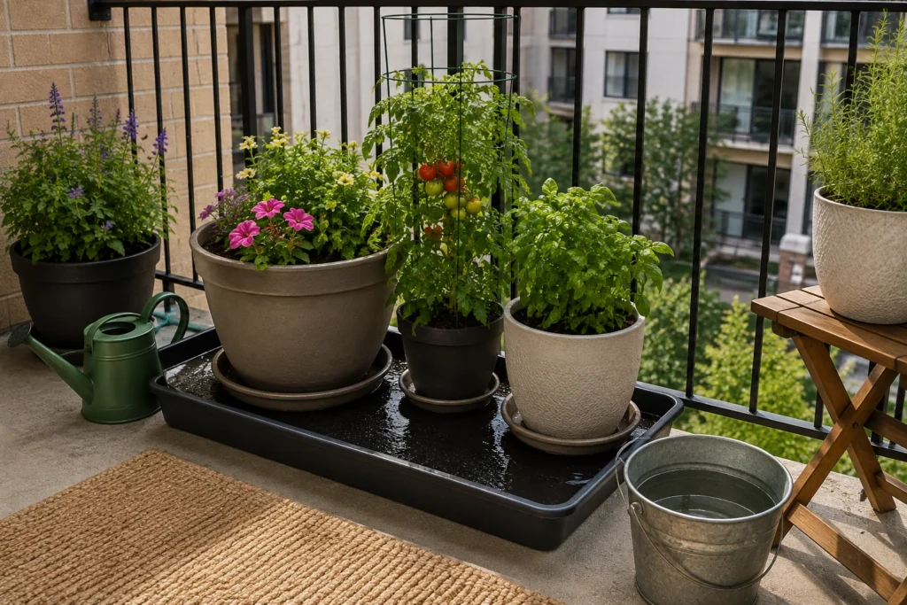 Balcony plant containers with drainage saucers and a tray for managing water runoff