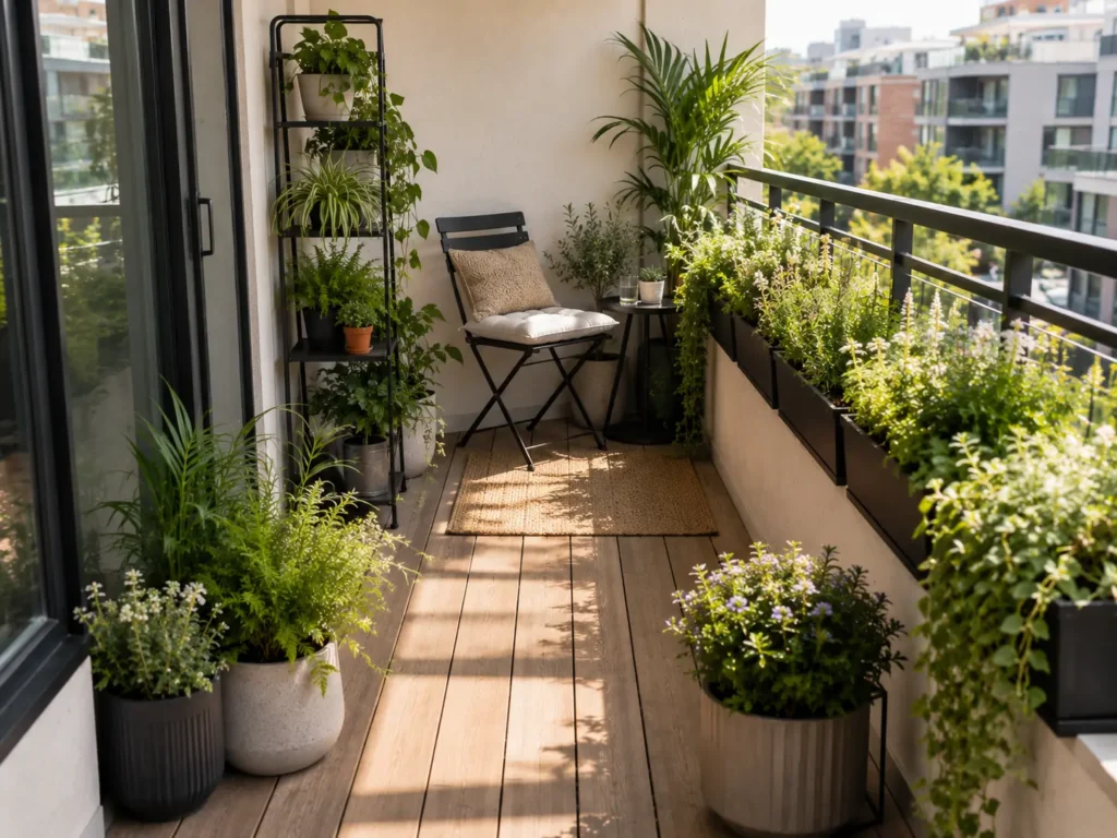 Grouped balcony containers with plants arranged at different heights and sizes