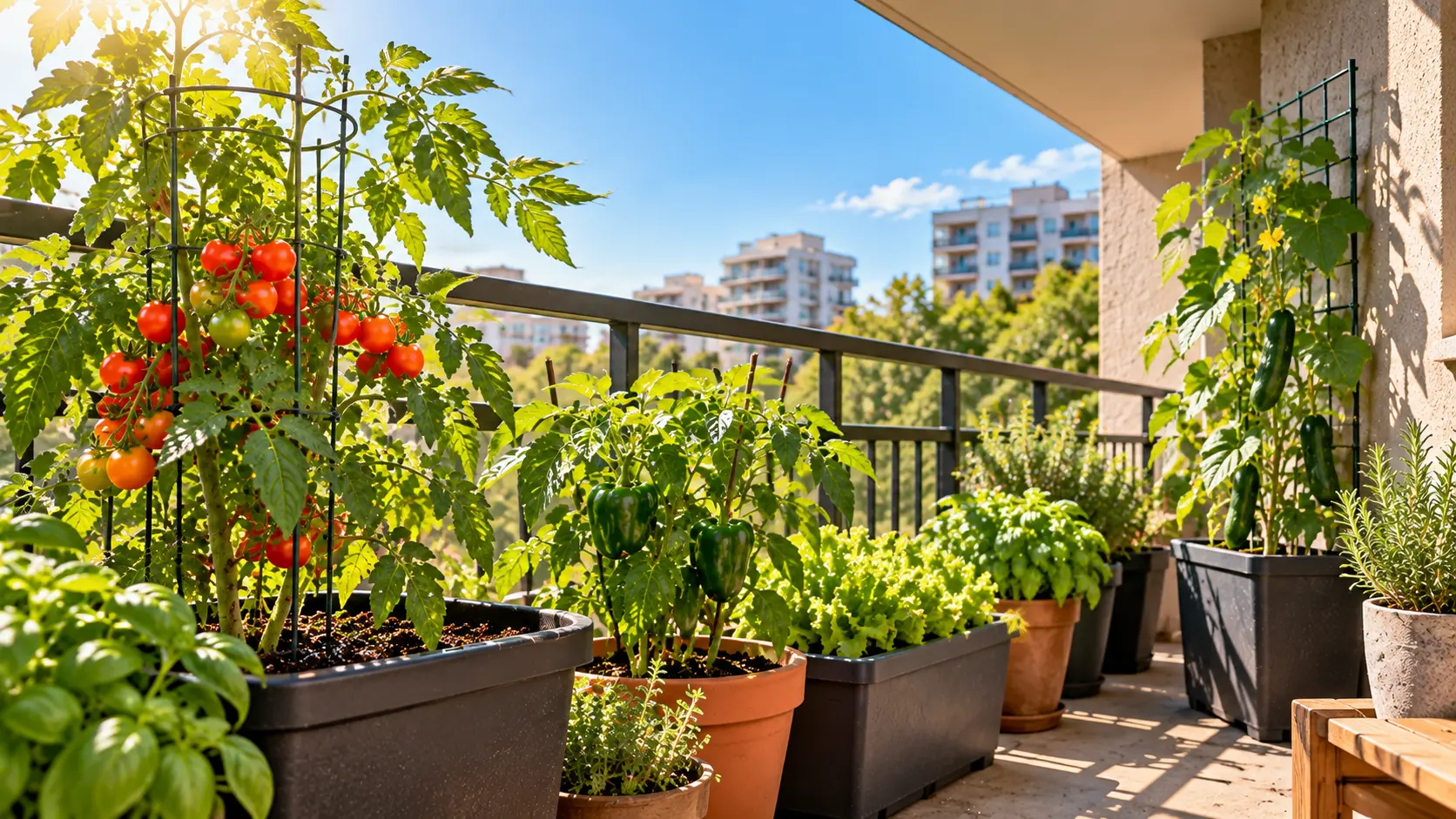 Container vegetables growing on a sunny apartment balcony exposed to heat and wind