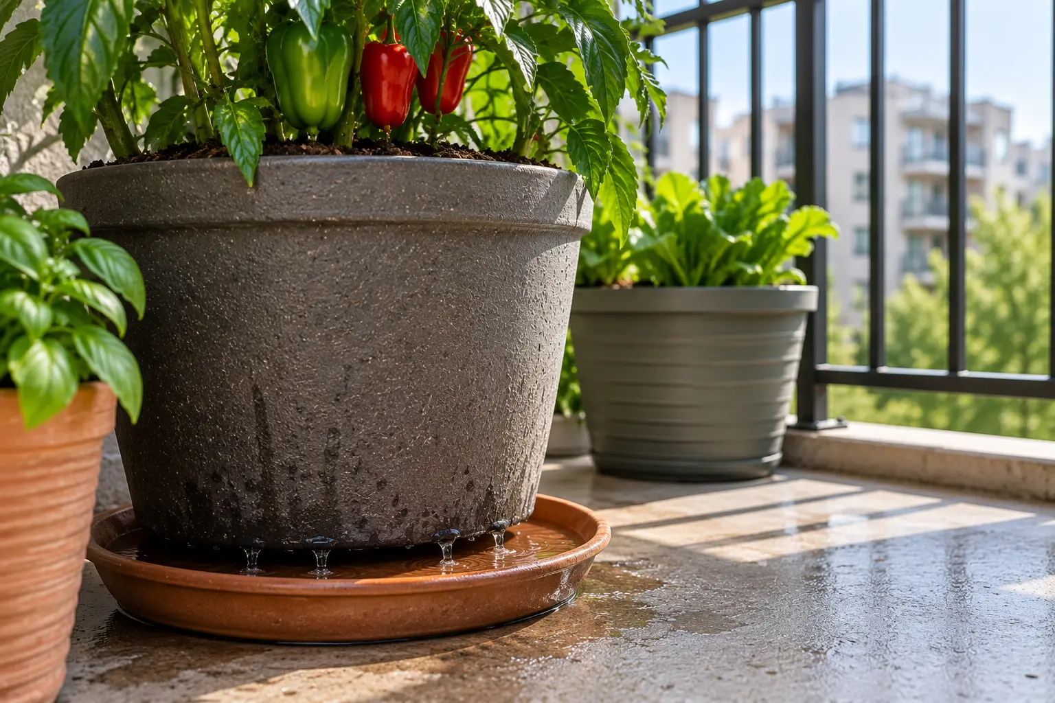 Large vegetable container draining into a saucer on an apartment balcony floor