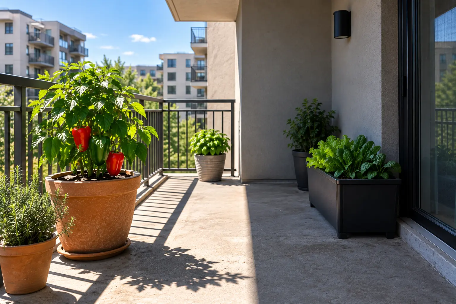 Direct sunlight reaching part of an apartment balcony while another growing area remains shaded