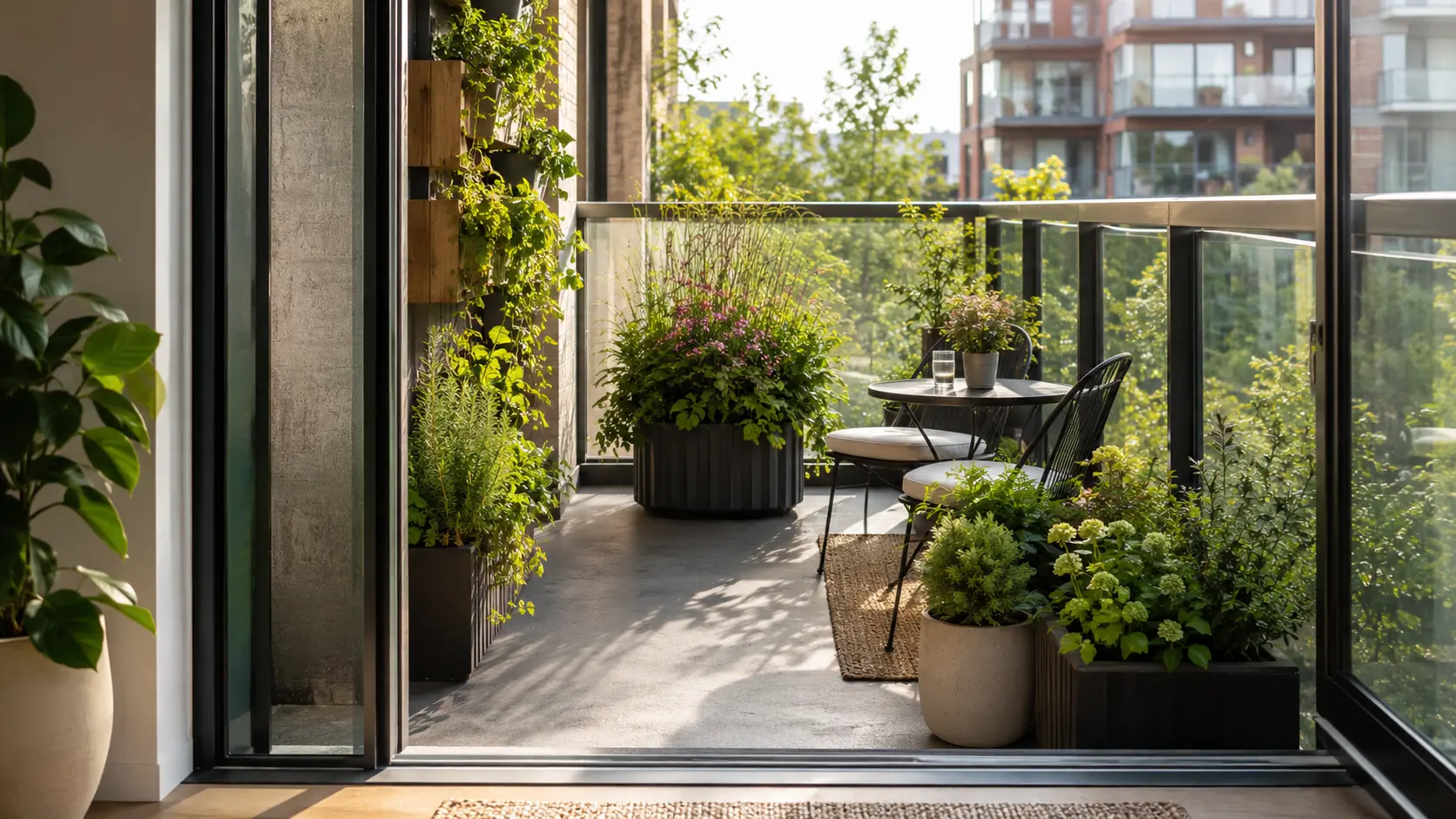 Balcony garden design for a small apartment balcony with layered plants, containers, and a cozy seating area
