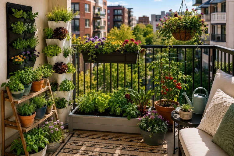 Balcony garden ideas for a small apartment with herbs, flowers, vegetables, and vertical planters