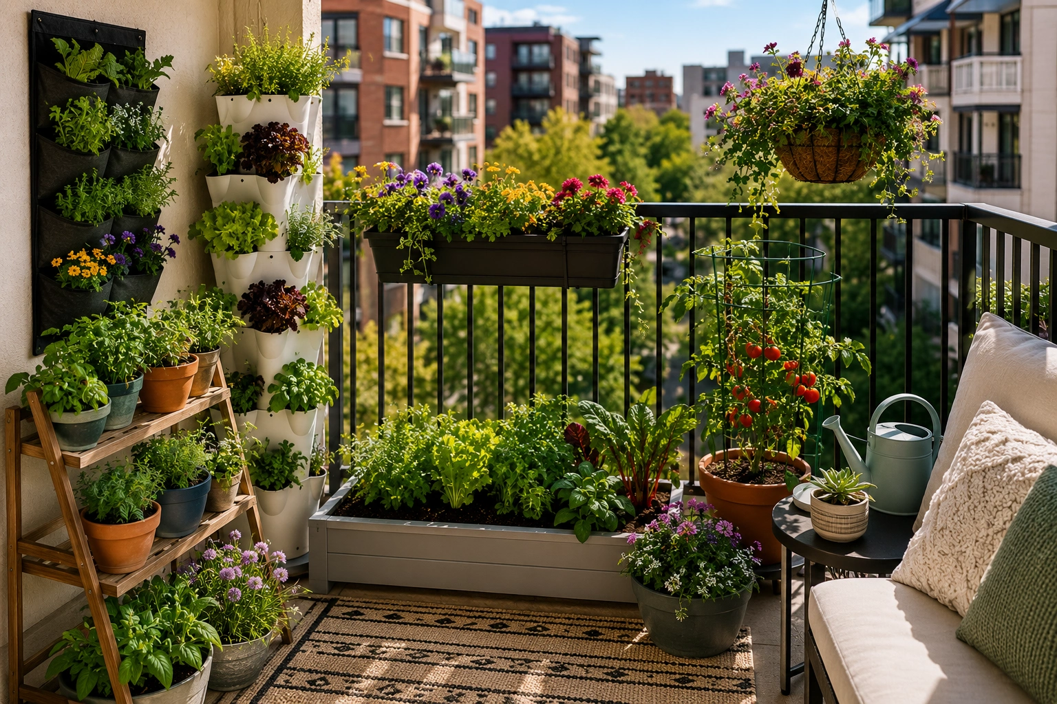 Balcony garden ideas for a small apartment with herbs, flowers, vegetables, and vertical planters
