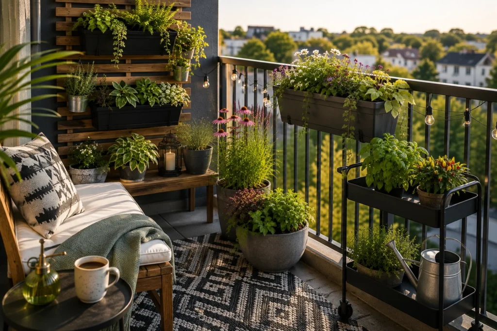 Apartment balcony garden with container plants growing in warm morning sunlight