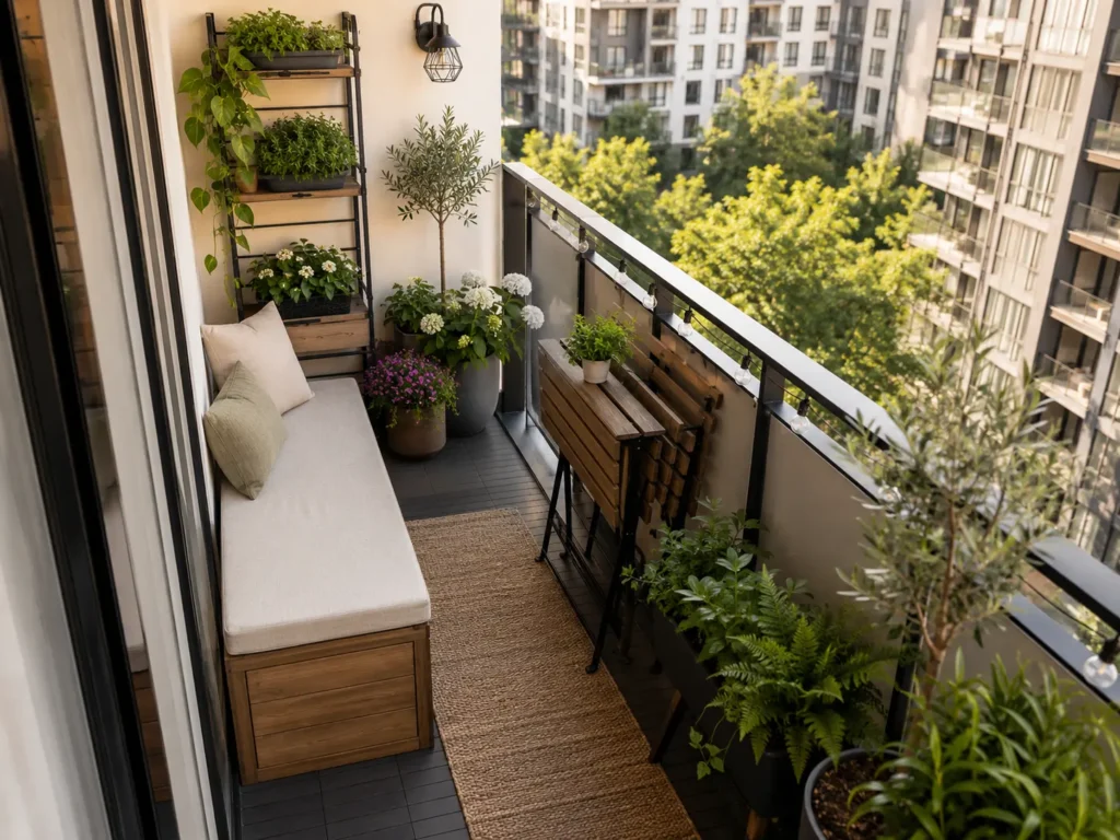 Balcony garden viewed from inside an apartment with plants, seating, and an open outdoor sightline