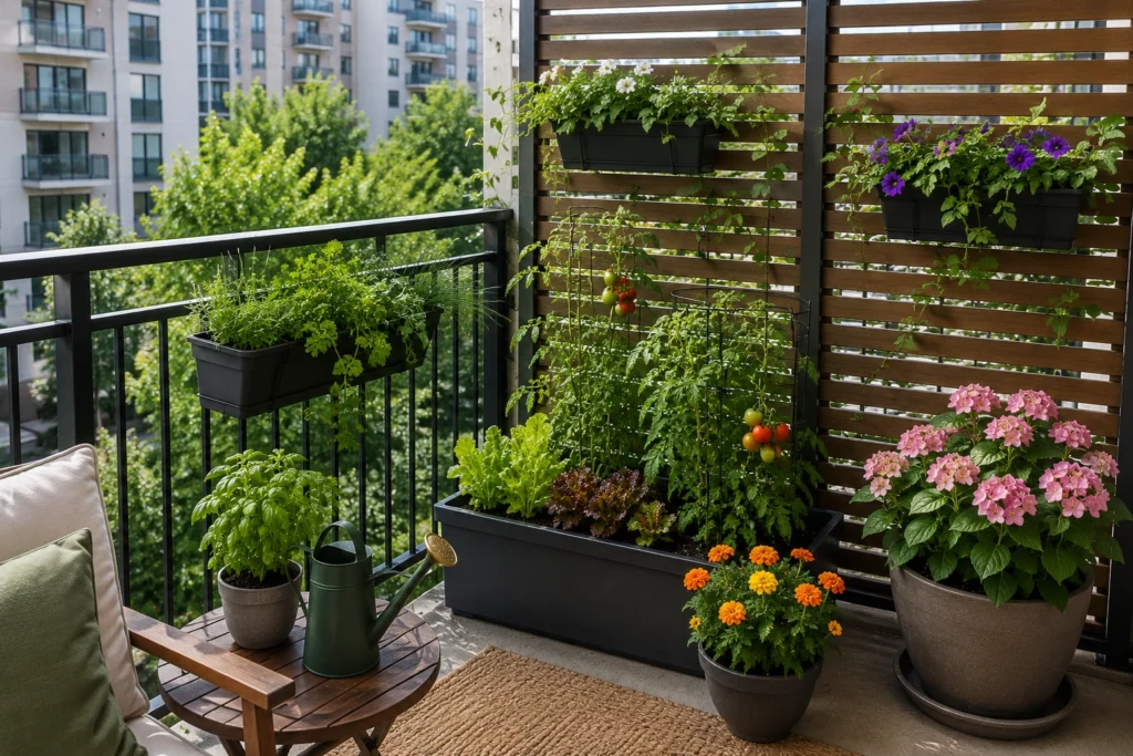 Apartment balcony plants sheltered from wind by a slatted screen