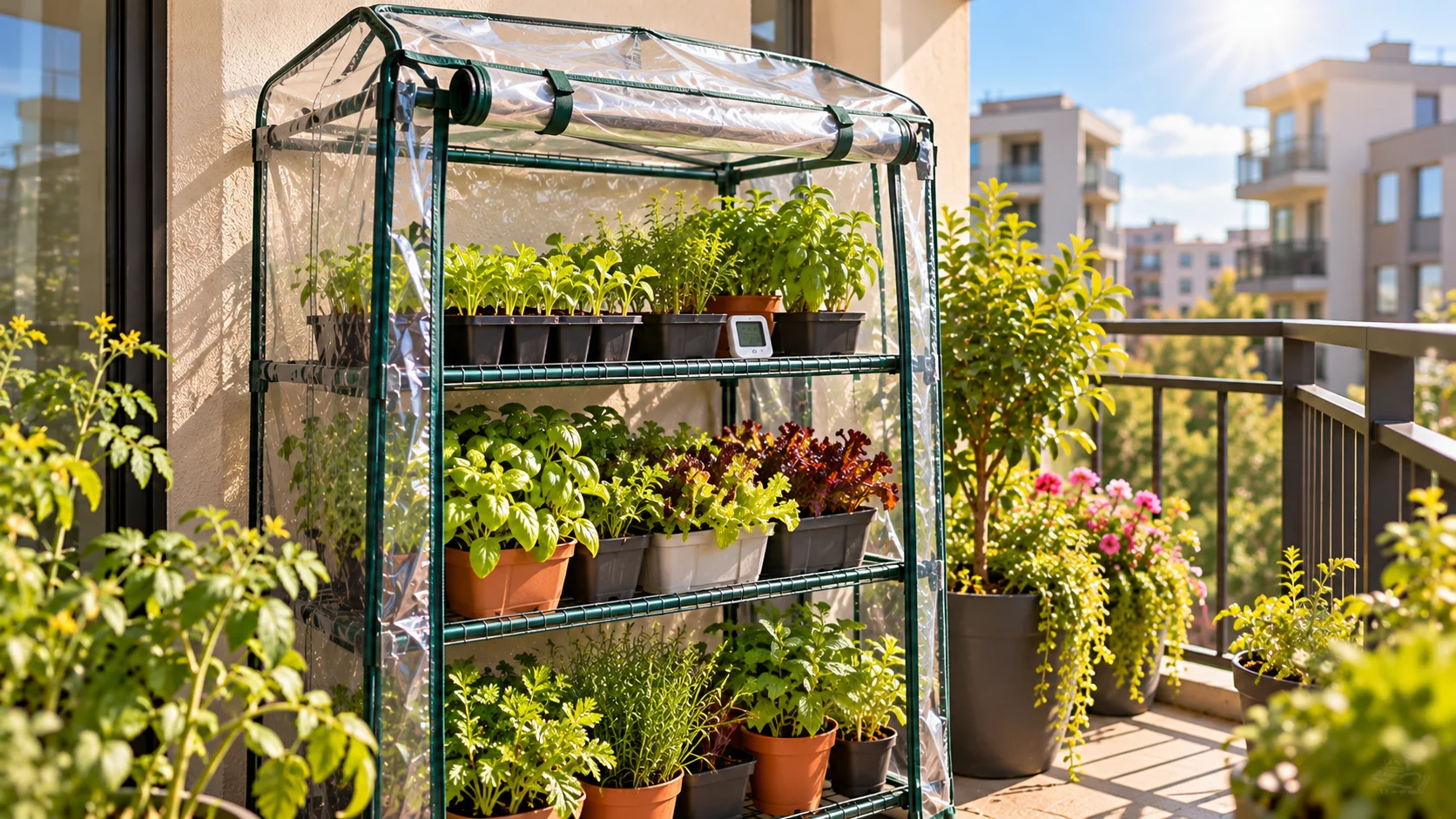 Mini balcony greenhouse with its front cover open for ventilation on a sunny day.