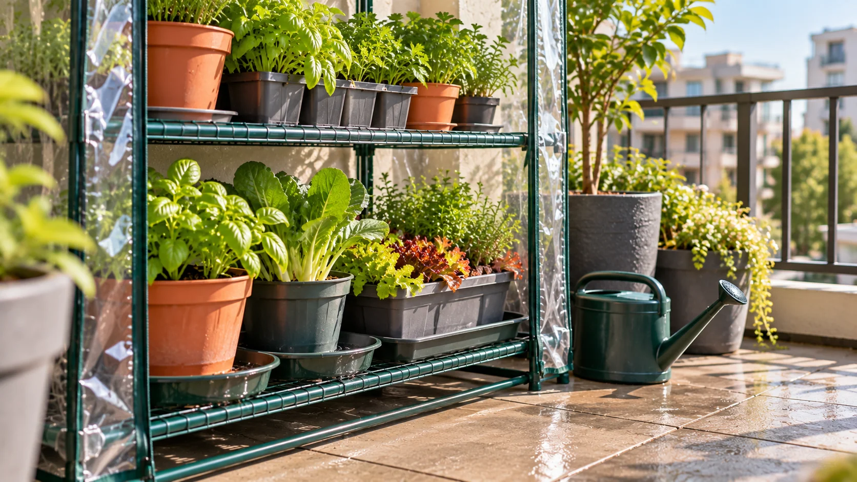 Balcony greenhouse container plants using saucers and trays to control drainage water.