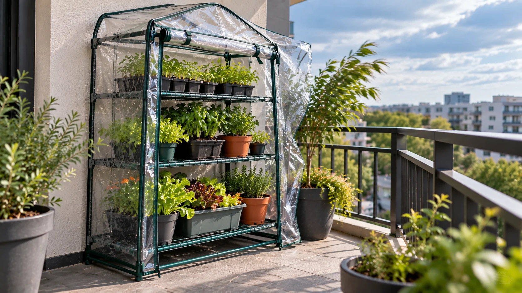 Mini greenhouse on an apartment balcony filled with containers, plants, and moist potting mix.
