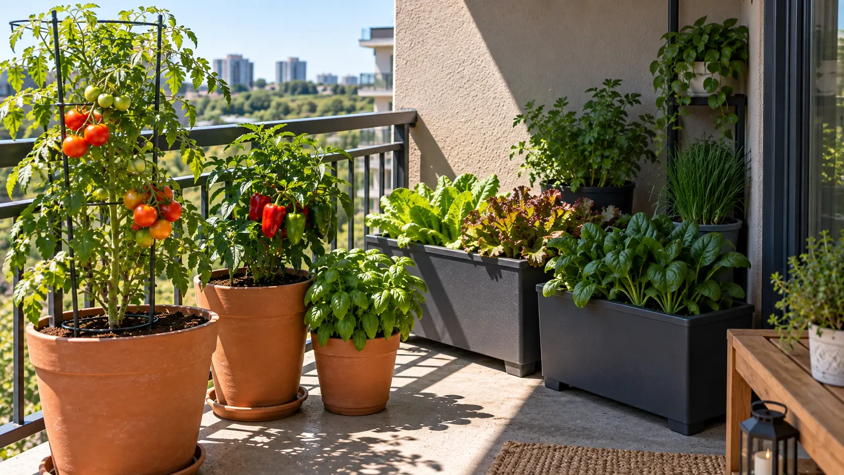 Tomato and pepper plants in full sun with leafy greens growing in partial sun on an apartment balcony