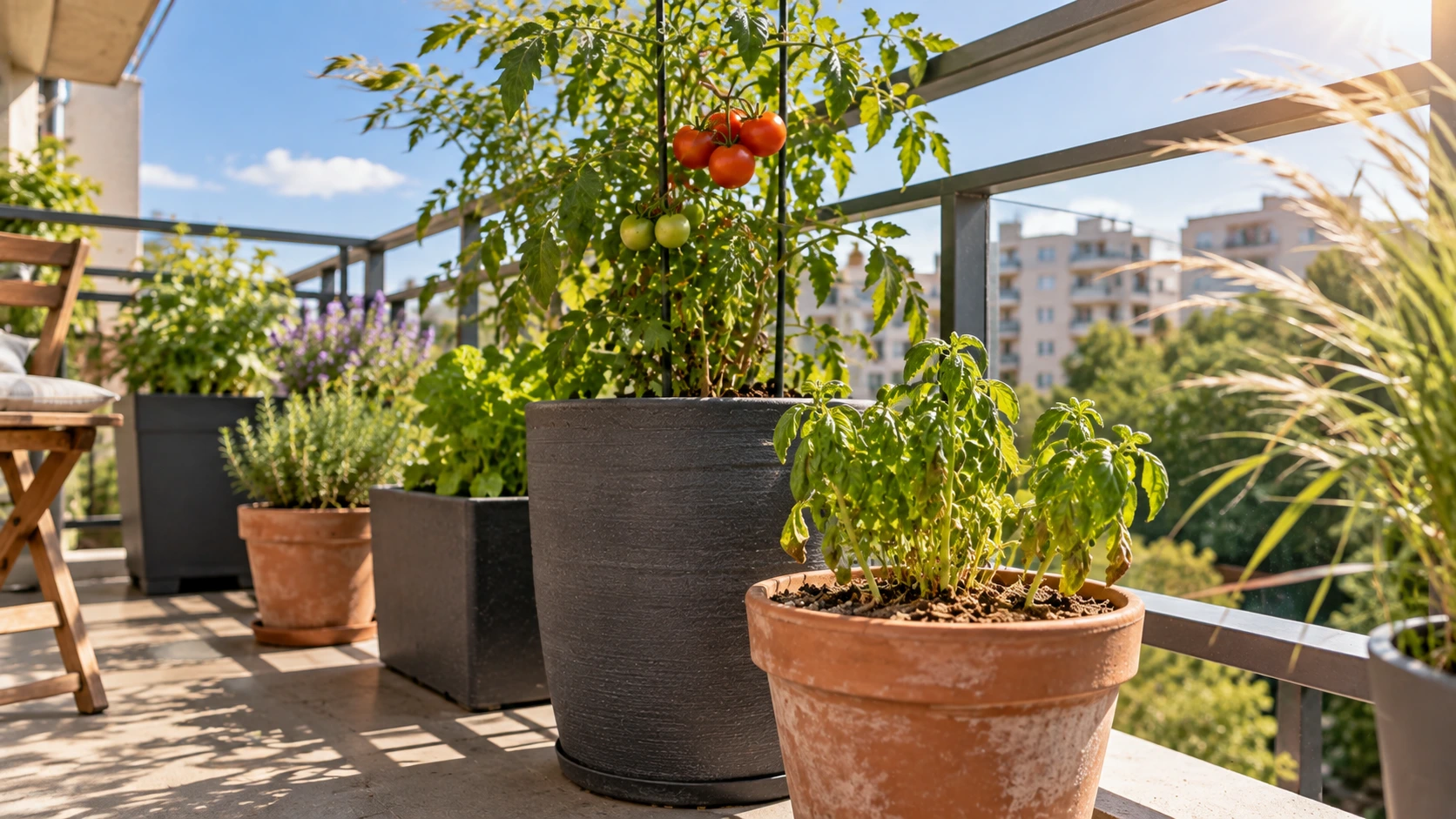 Small balcony containers exposed to strong afternoon sun and drying wind
