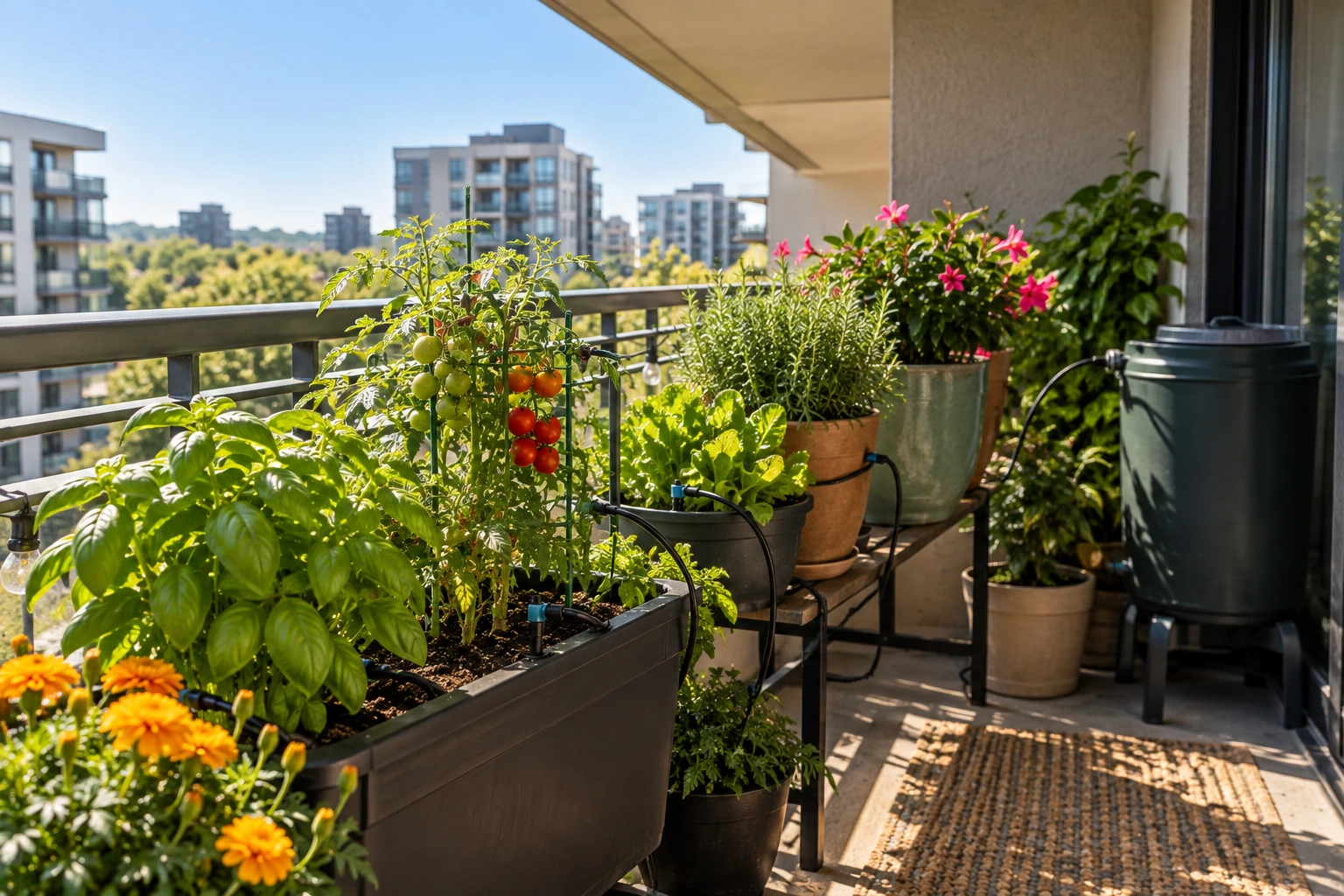 Apartment balcony container plants prepared for watering during hot weather