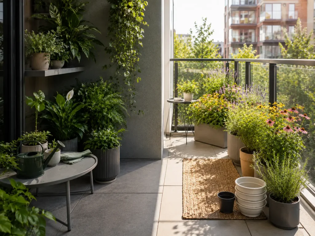 Apartment balcony with distinct sunny and shaded areas for planning plant placement