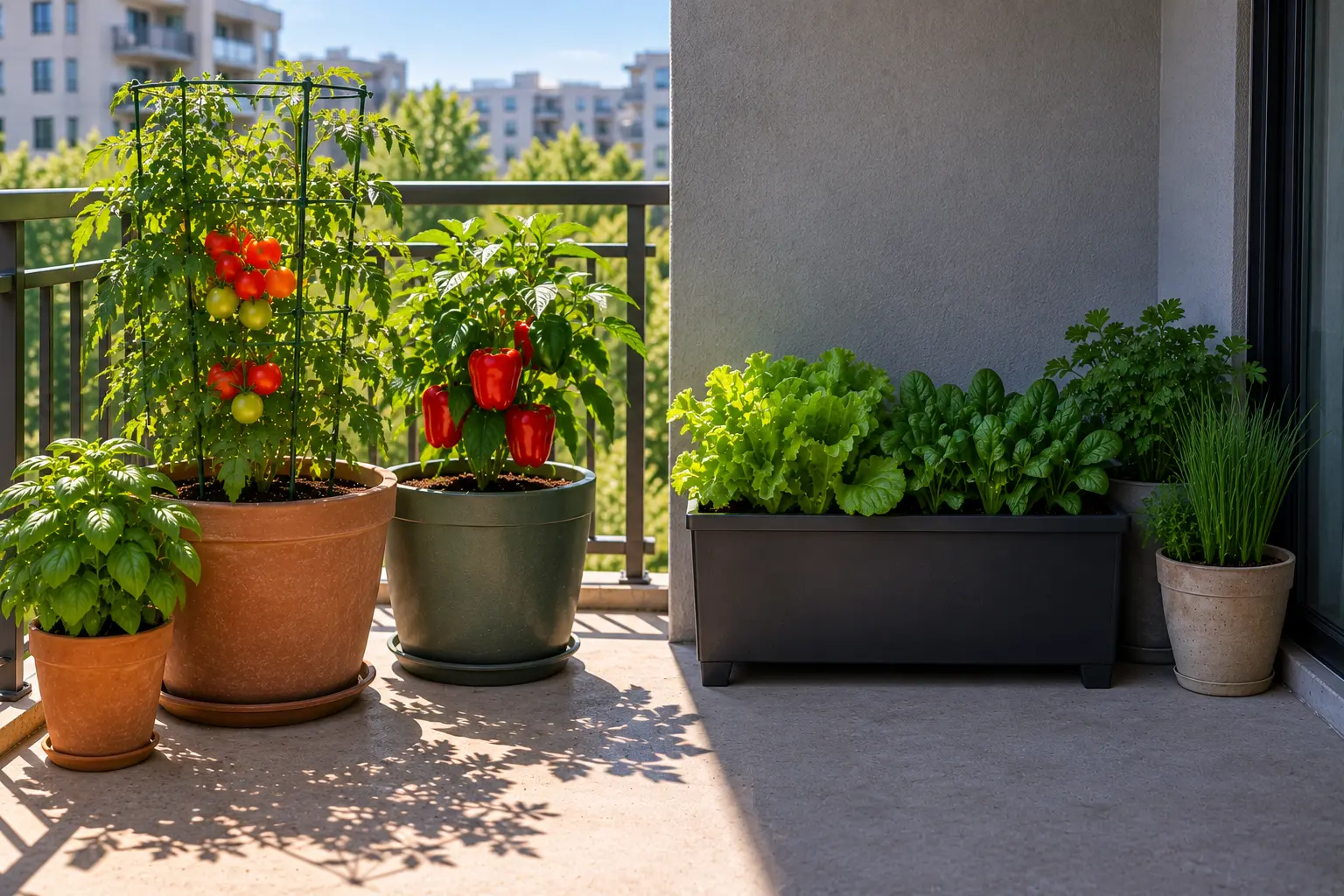 Tomato and pepper plants in direct balcony sun with leafy greens growing in a partially shaded area