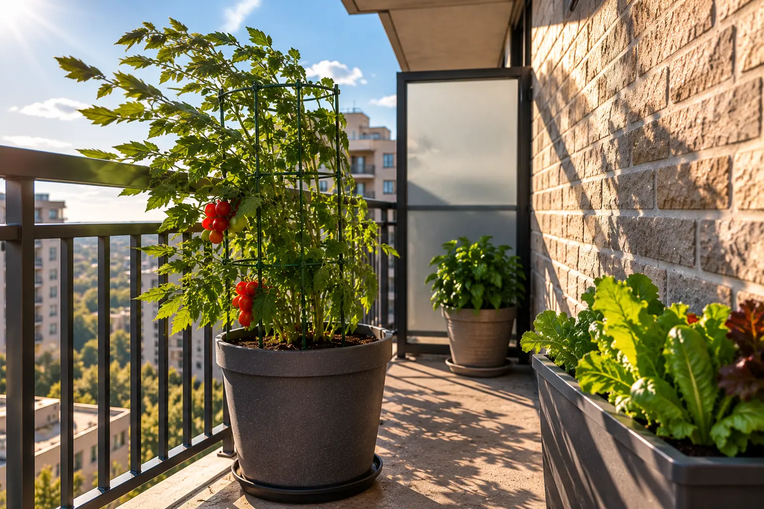 Supported vegetable plant exposed to wind and strong afternoon sun near a hot apartment wall