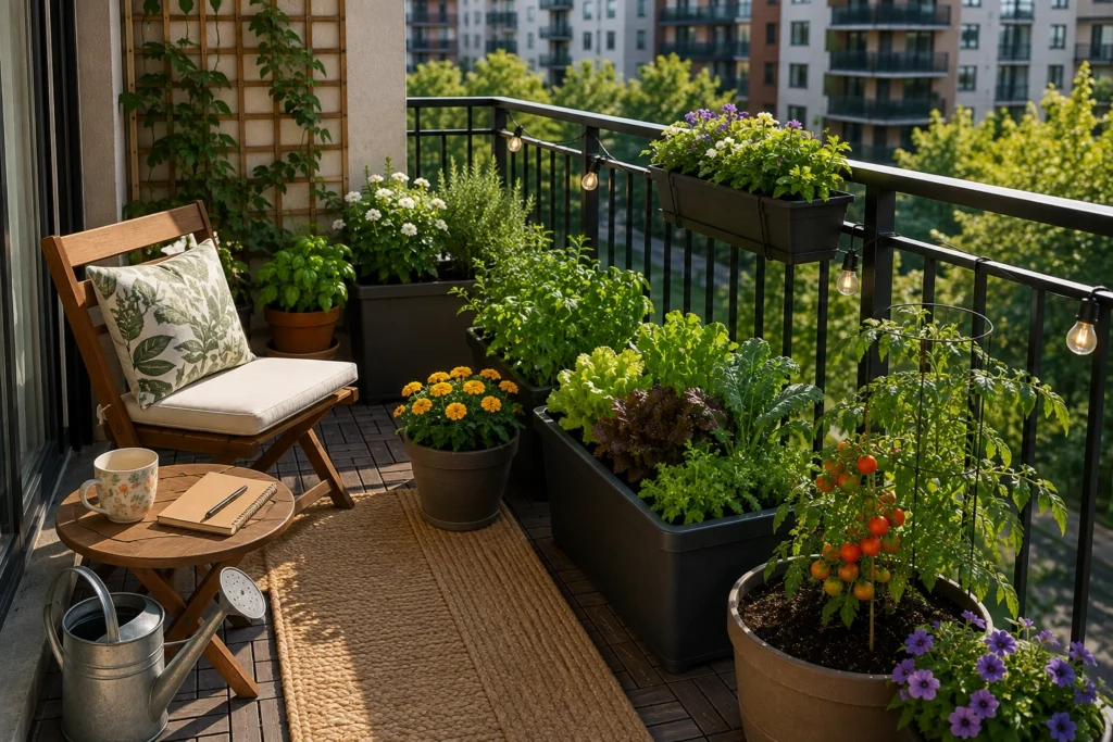 Beginner apartment balcony garden with herbs, vegetables, flowers, and container plants