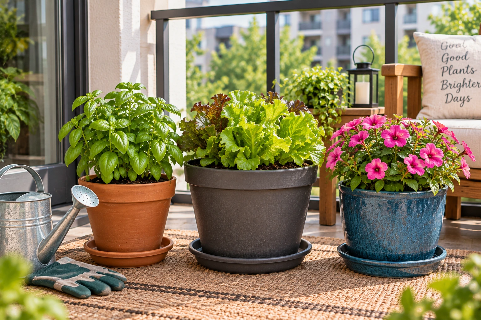 Simple beginner apartment container garden with three healthy plants in properly sized pots.