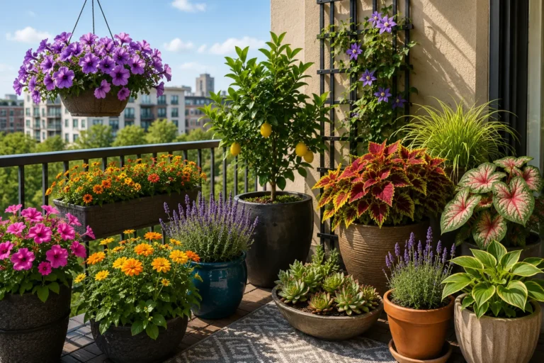 Apartment balcony with a variety of sun-loving and shade-tolerant container plants