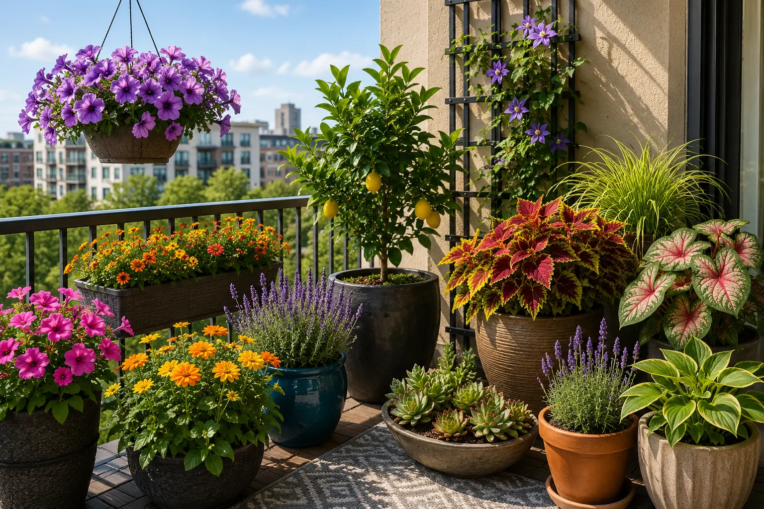 Apartment balcony with a variety of sun-loving and shade-tolerant container plants