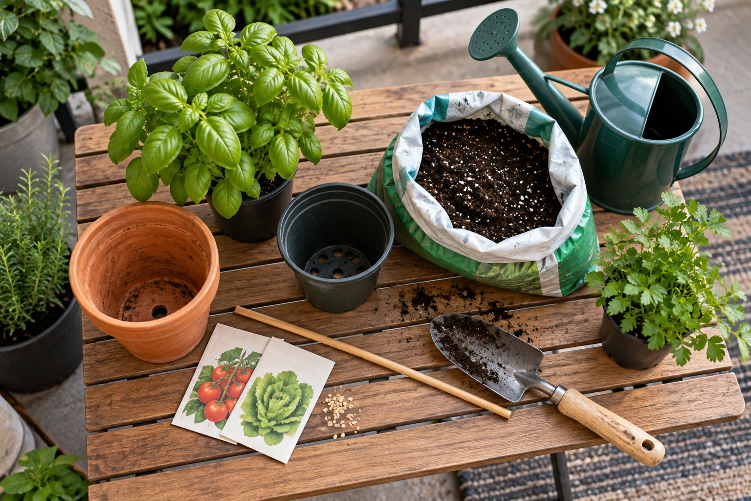 Simple budget garden setup with basic containers, potting mix, plants, and minimal accessories