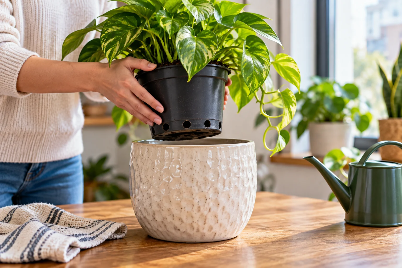Nursery pot with drainage holes being placed inside a decorative cachepot without drainage holes.