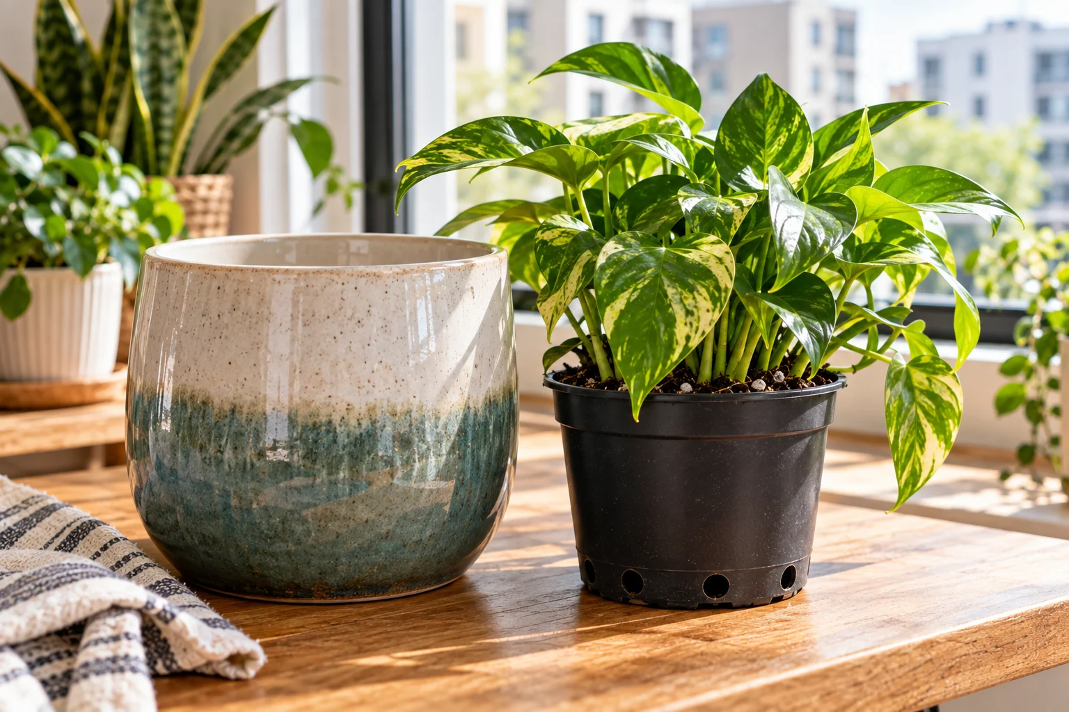 Houseplant in a draining nursery pot beside a decorative ceramic pot without drainage holes.