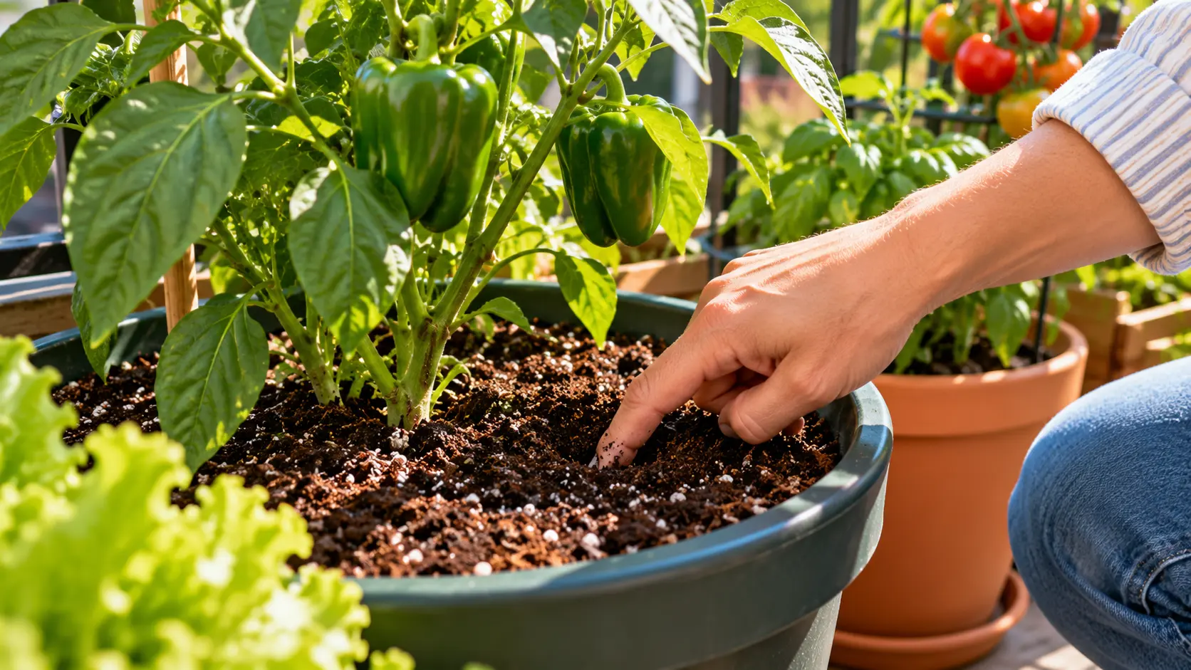 Gardener checking potting mix moisture below the surface of a vegetable container