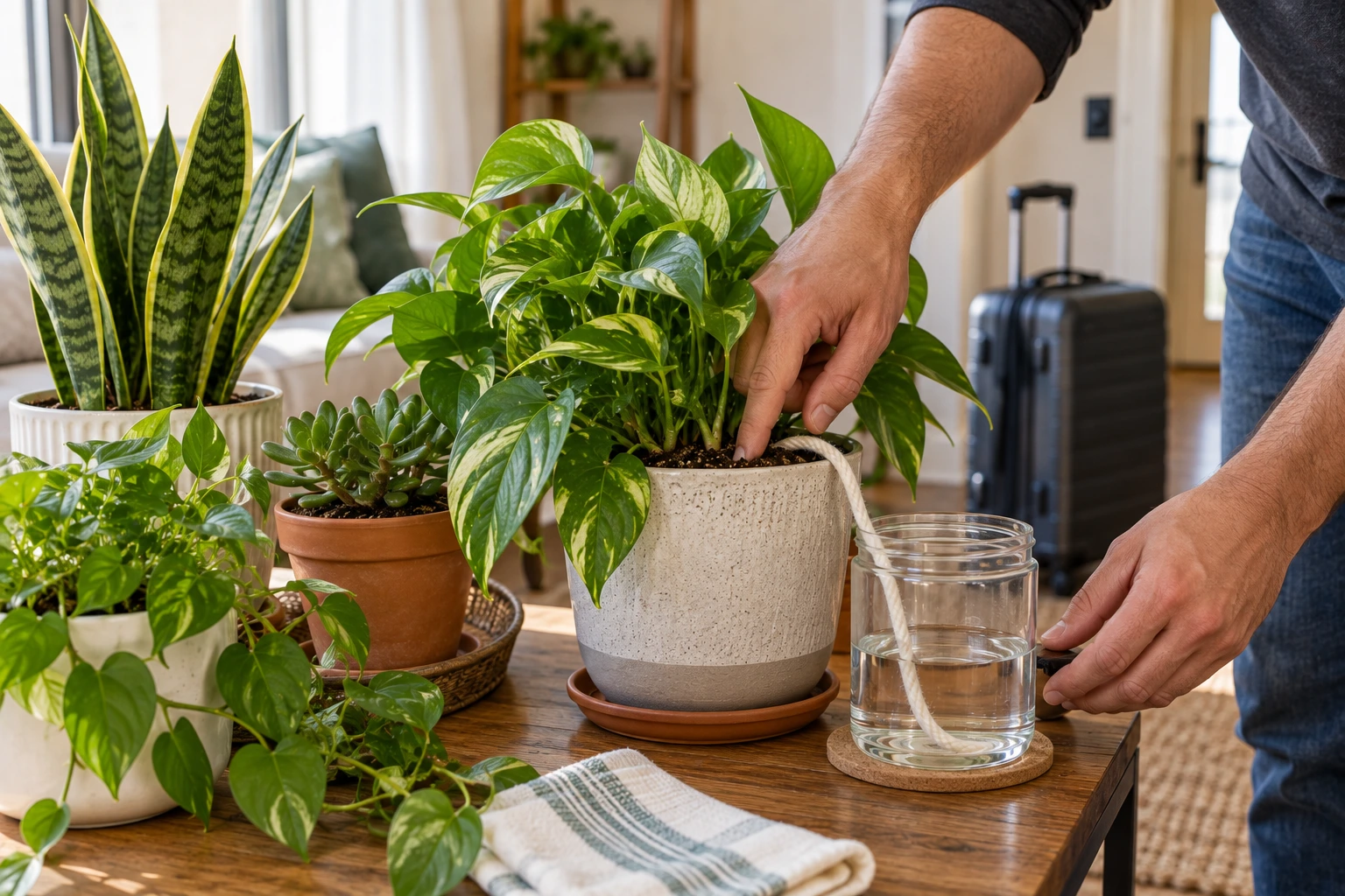 Gardener checking potting mix and watering equipment after returning from vacation