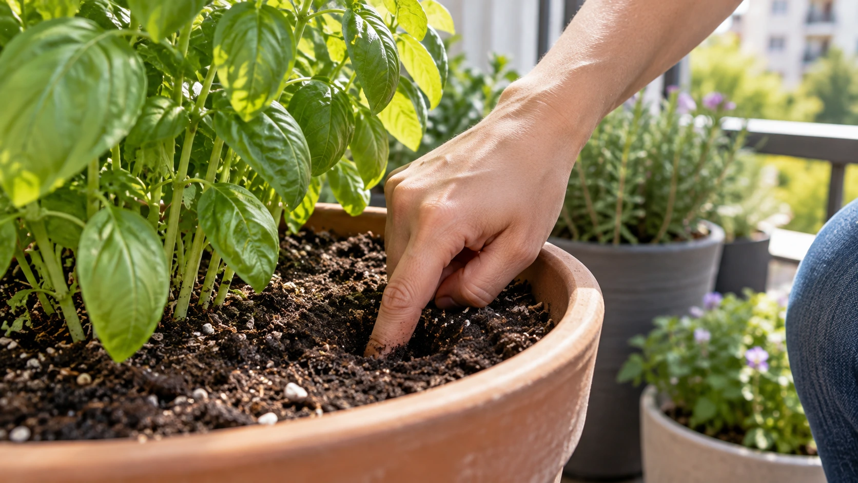 Finger checking moisture below the surface of potting mix in a balcony container
