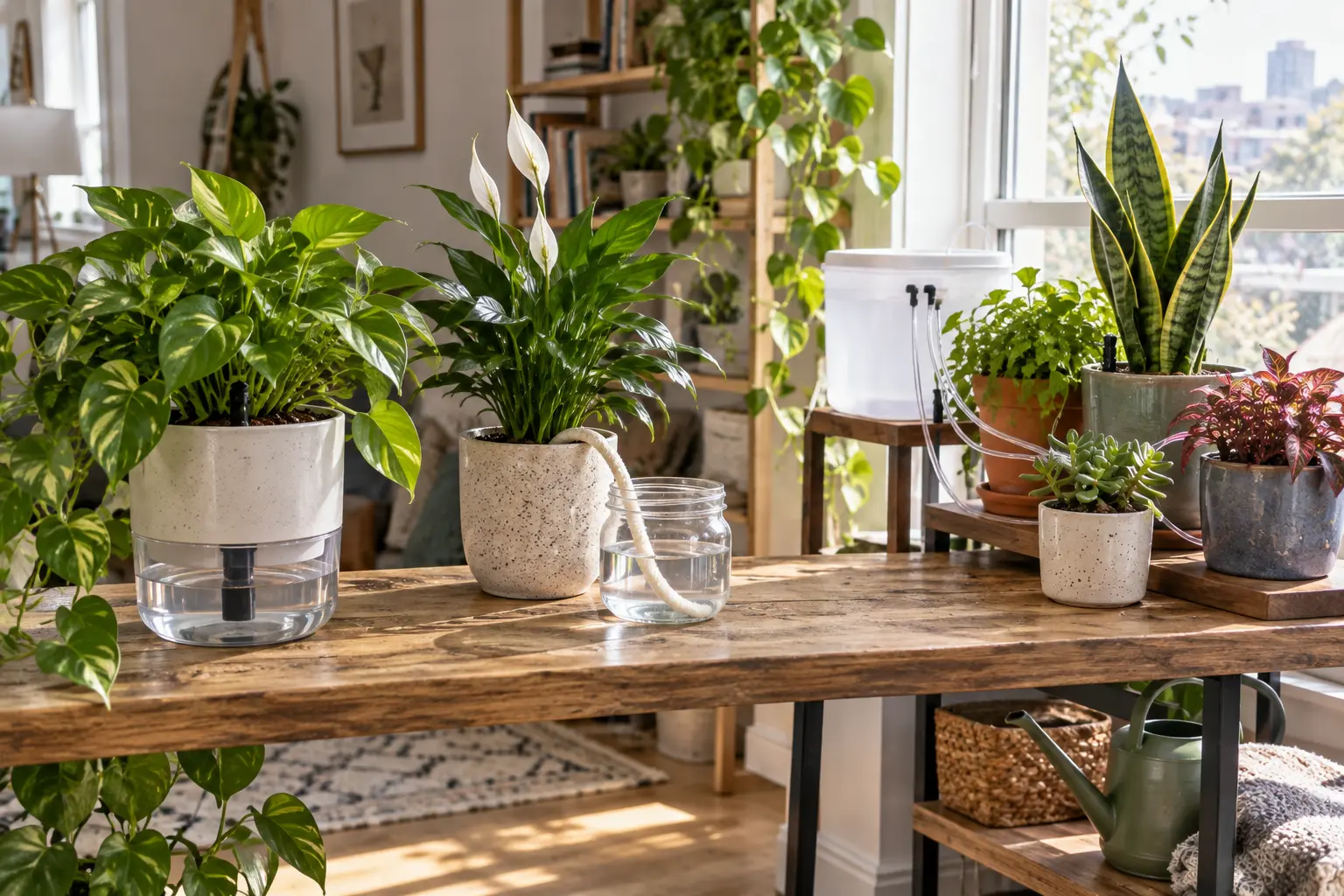 Different indoor plant watering setups arranged beside potted houseplants