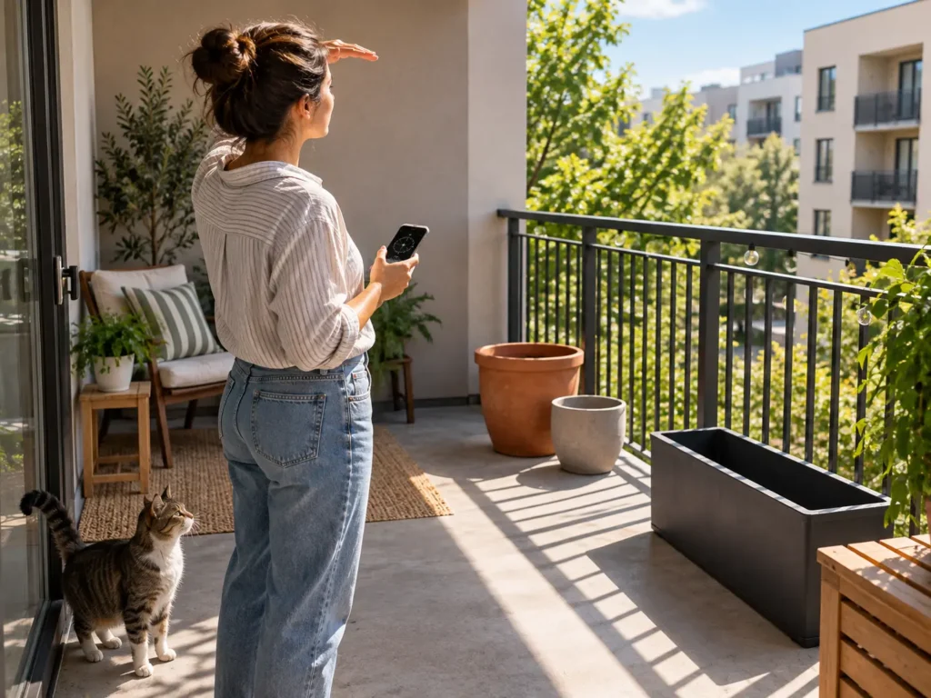 Woman checking sunlight and available space before setting up an apartment vegetable garden
