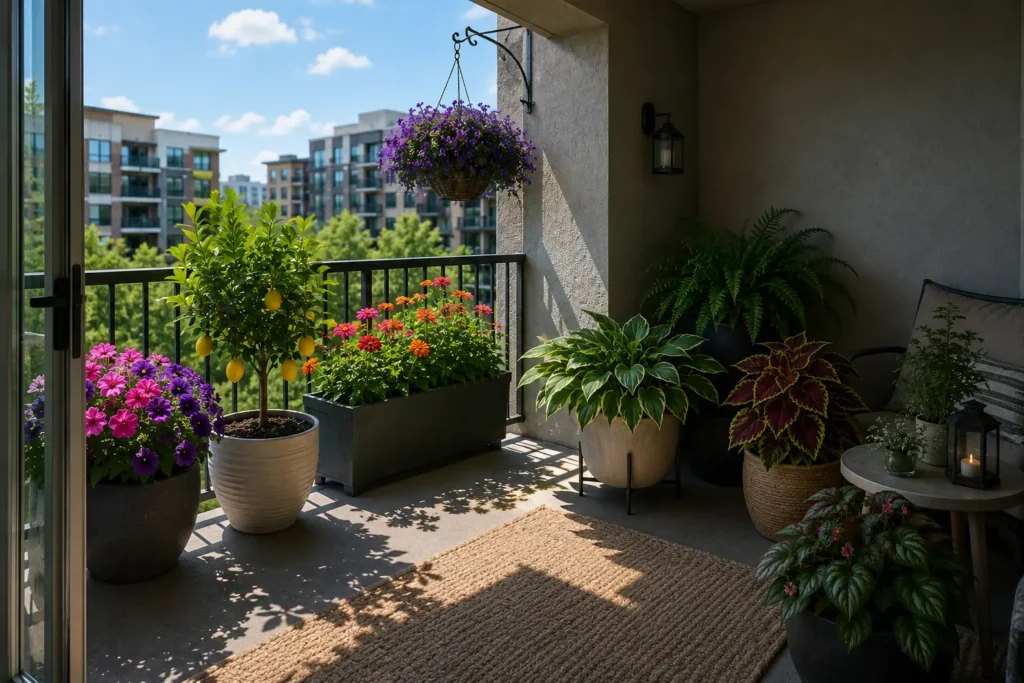 Apartment balcony with sunny and shaded areas showing different container plants