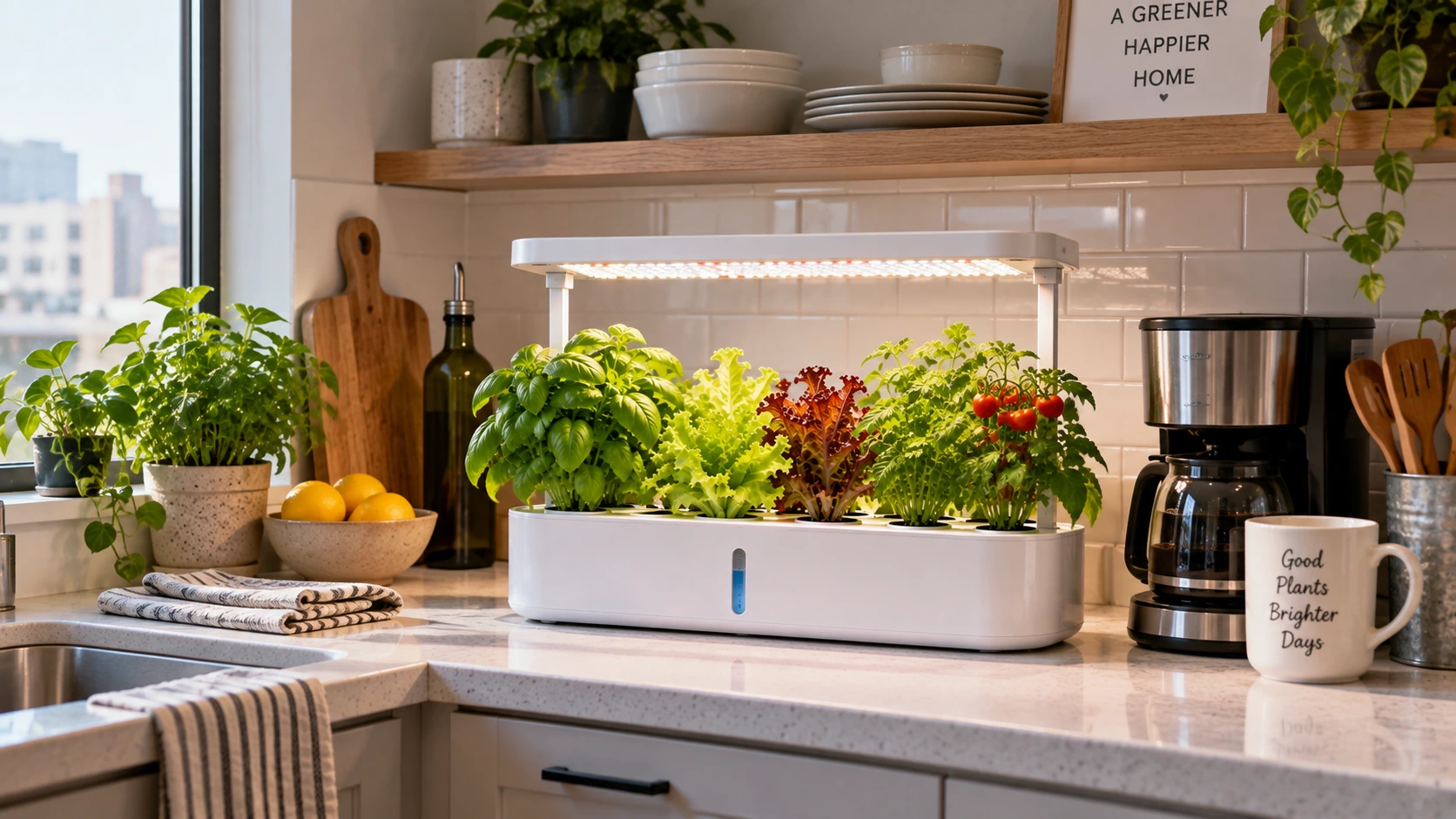 Small countertop hydroponic garden beside everyday appliances in an apartment kitchen