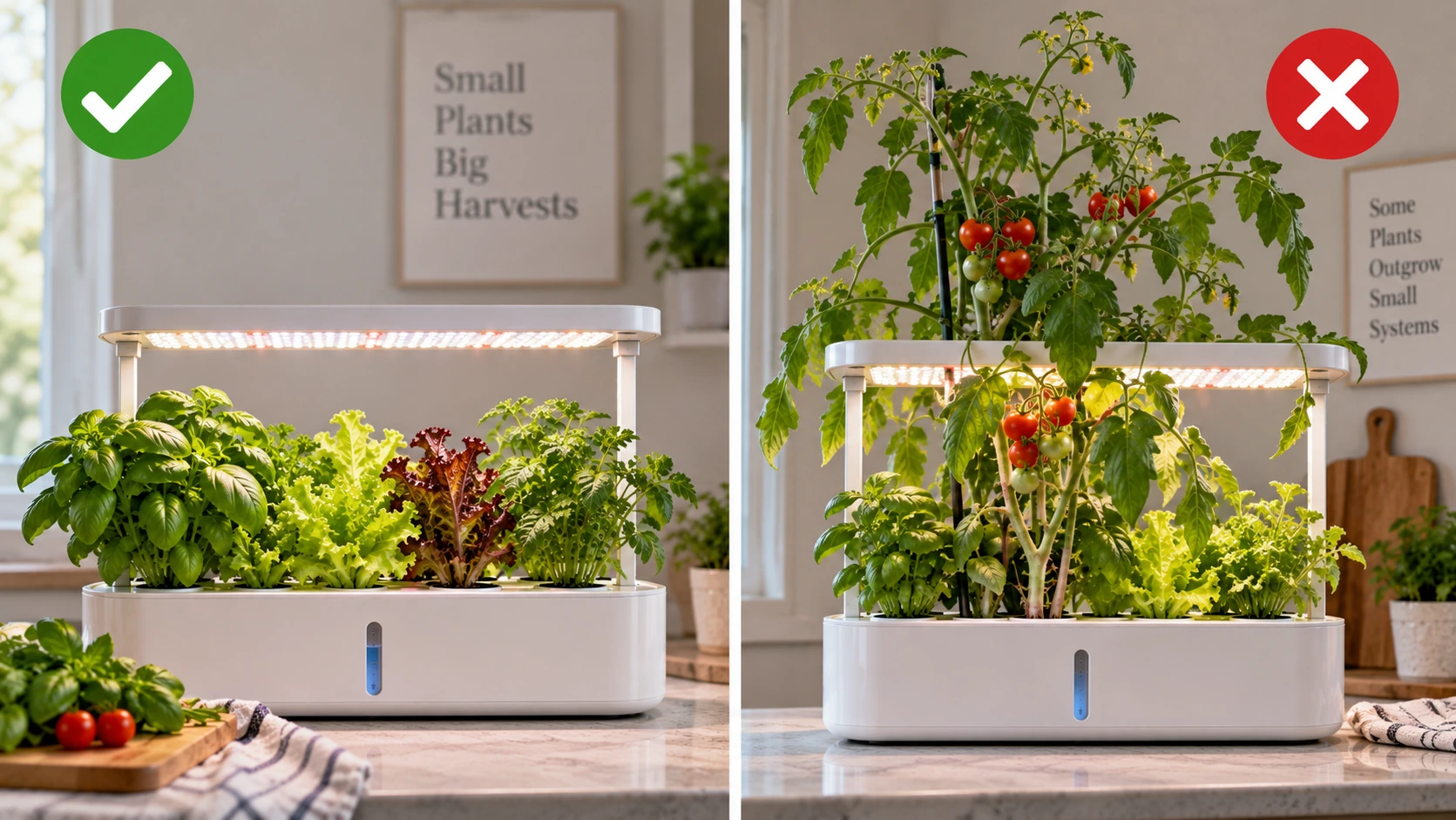 Compact herbs compared with tall vegetable plants for a small hydroponic garden