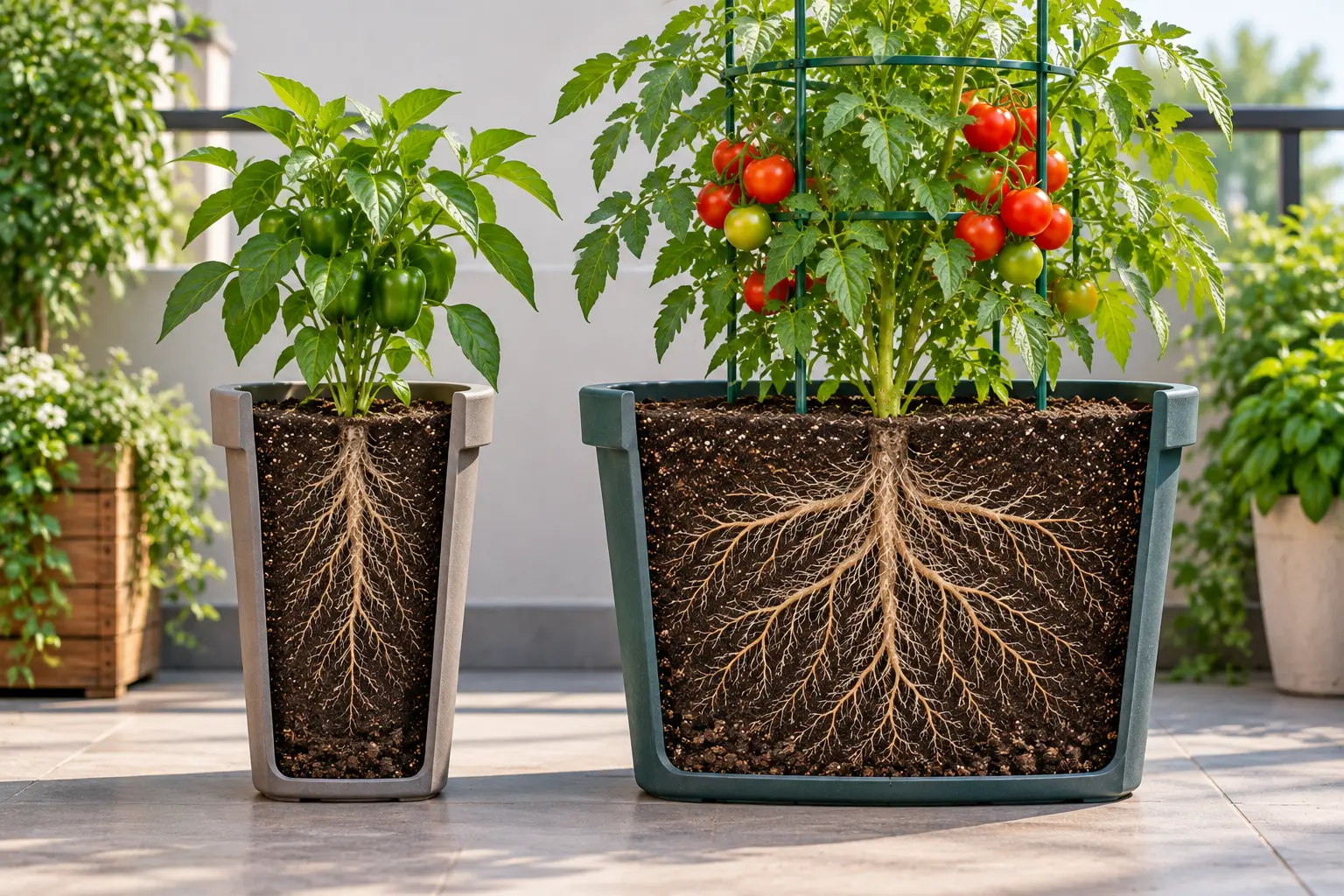 Two vegetable containers with the same depth but different widths and soil volumes