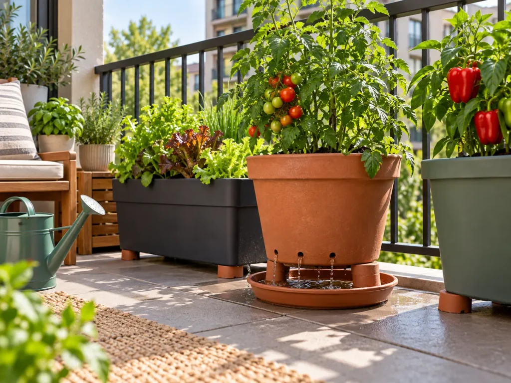 Vegetable containers raised on pot feet with proper drainage on an apartment patio
