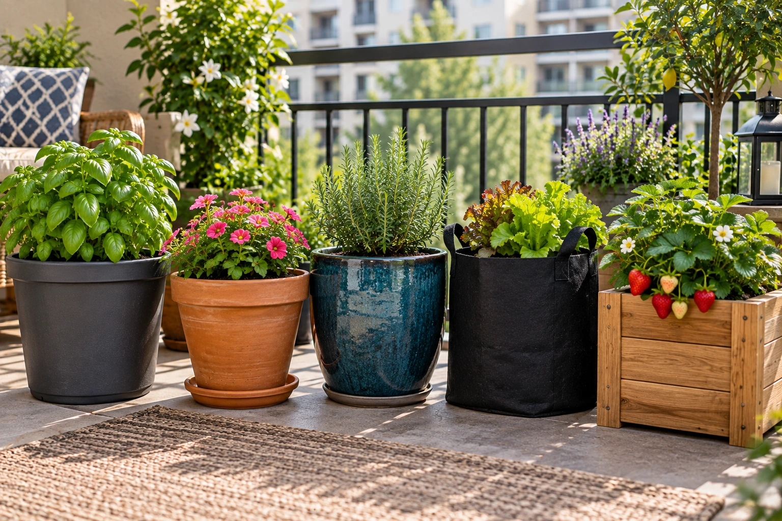 Plastic, terra-cotta, glazed ceramic, fabric, and wood planters used for apartment container gardening.