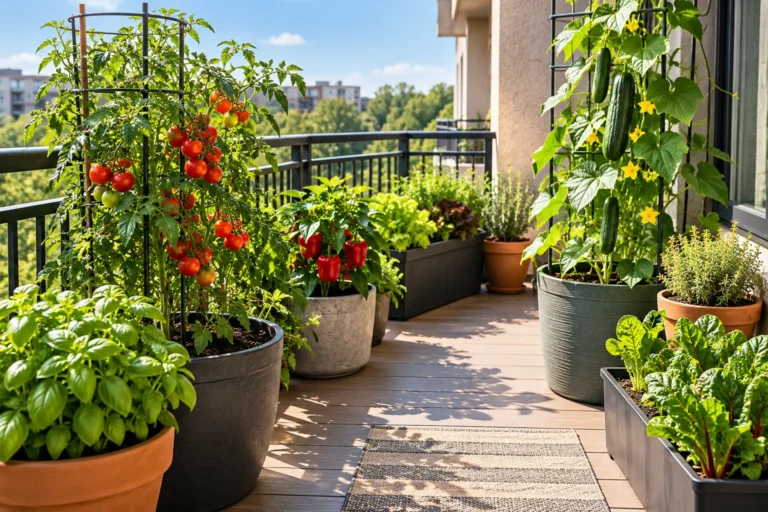 Container vegetable garden layout with tomatoes, peppers, leafy greens, and trellised vegetables arranged on a small apartment balcony.